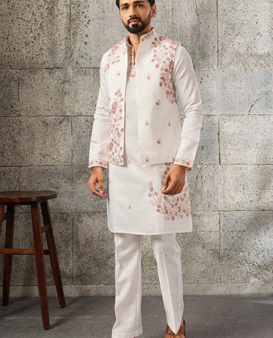WHITE - Premium Designer White Mirror Work Koti Kurta Set for Men's Wear